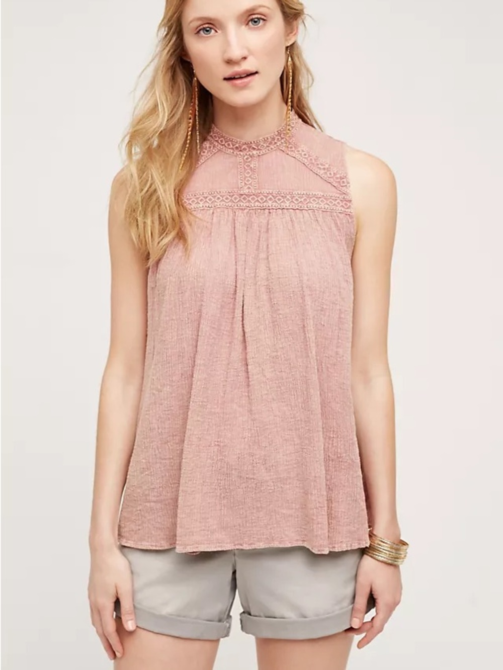 Anthropologie Eri + Ali Rose Pink Lace Embroidered Gauze Sleeveless Top Boho L